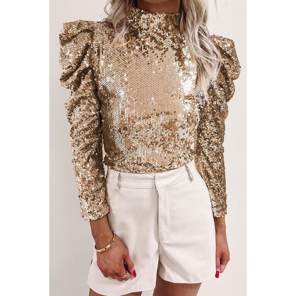 Azura Exchange  Apricot Sequin Mock Neck Bubble Sleeve Top - Picture 2 of 8